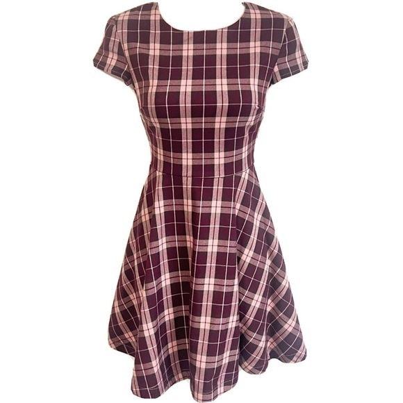 B. Darlin plaid fit & flare skater dress cap sleeve stretchy red pink ju… - Picture 1 of 7
